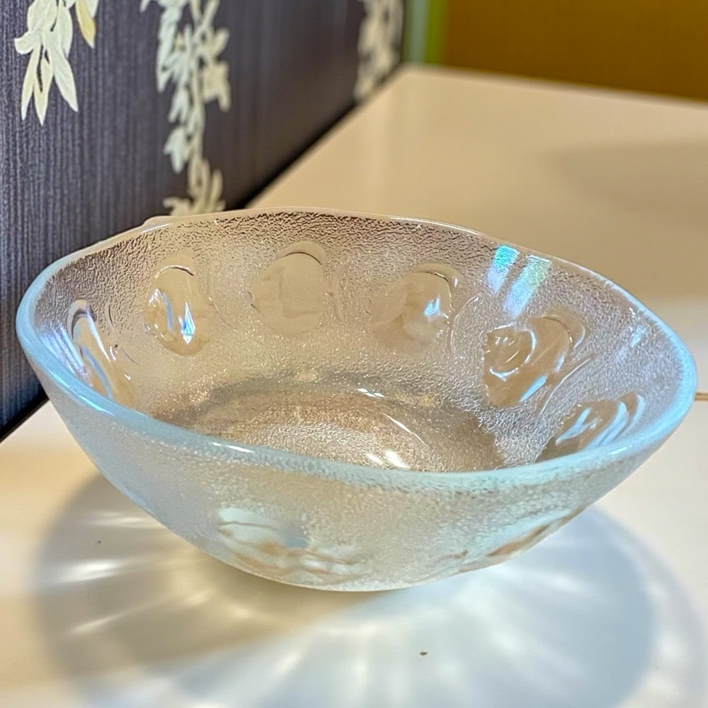 Textured glass bowl with fish design, no chips, cracks, or scratches